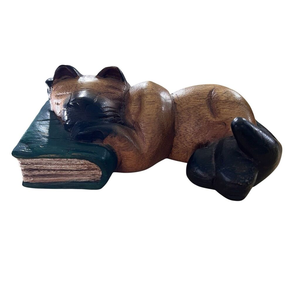 Hand-Carved Wooden Siamese Kitty Cat Sleeping On Book Thailand